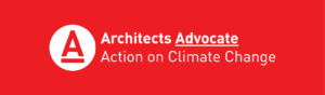 Red banner, white text. Reads: Architects Advocate Action on Climate Change